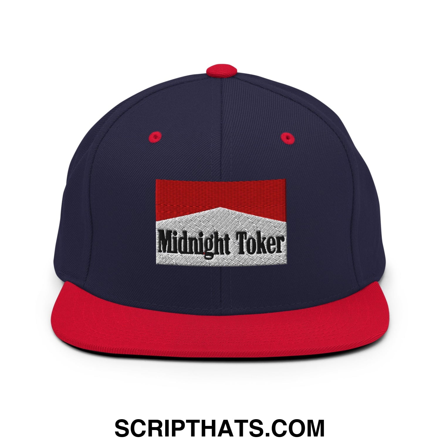 Midnight Toker Cigarette Red Embroidered Flat Bill Brim Snapback Hat Navy Red