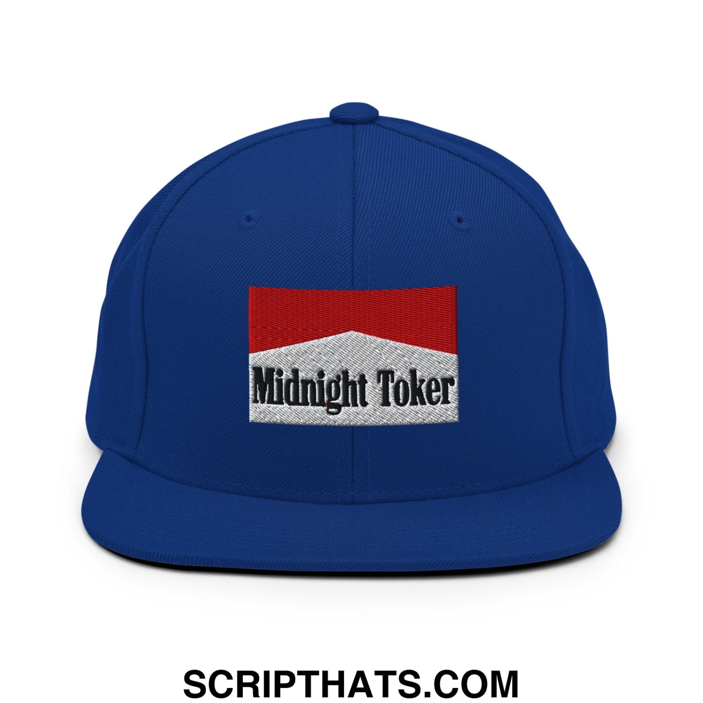 Midnight Toker Cigarette Red Embroidered Flat Bill Brim Snapback Hat Royal Blue