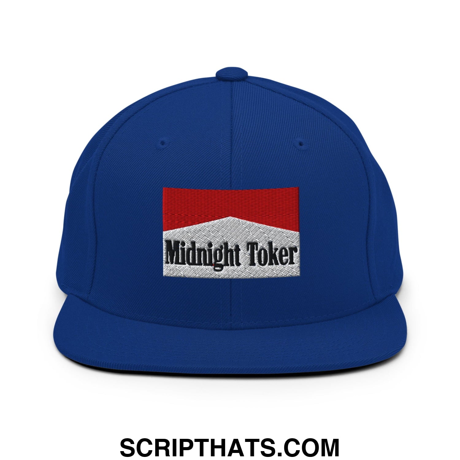 Midnight Toker Cigarette Red Embroidered Flat Bill Brim Snapback Hat Royal Blue