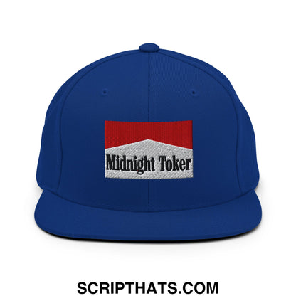 Midnight Toker Cigarette Red Embroidered Flat Bill Brim Snapback Hat Royal Blue