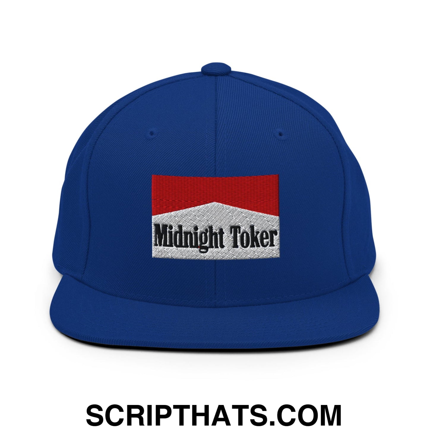 Midnight Toker Cigarette Red Embroidered Flat Bill Brim Snapback Hat Royal Blue