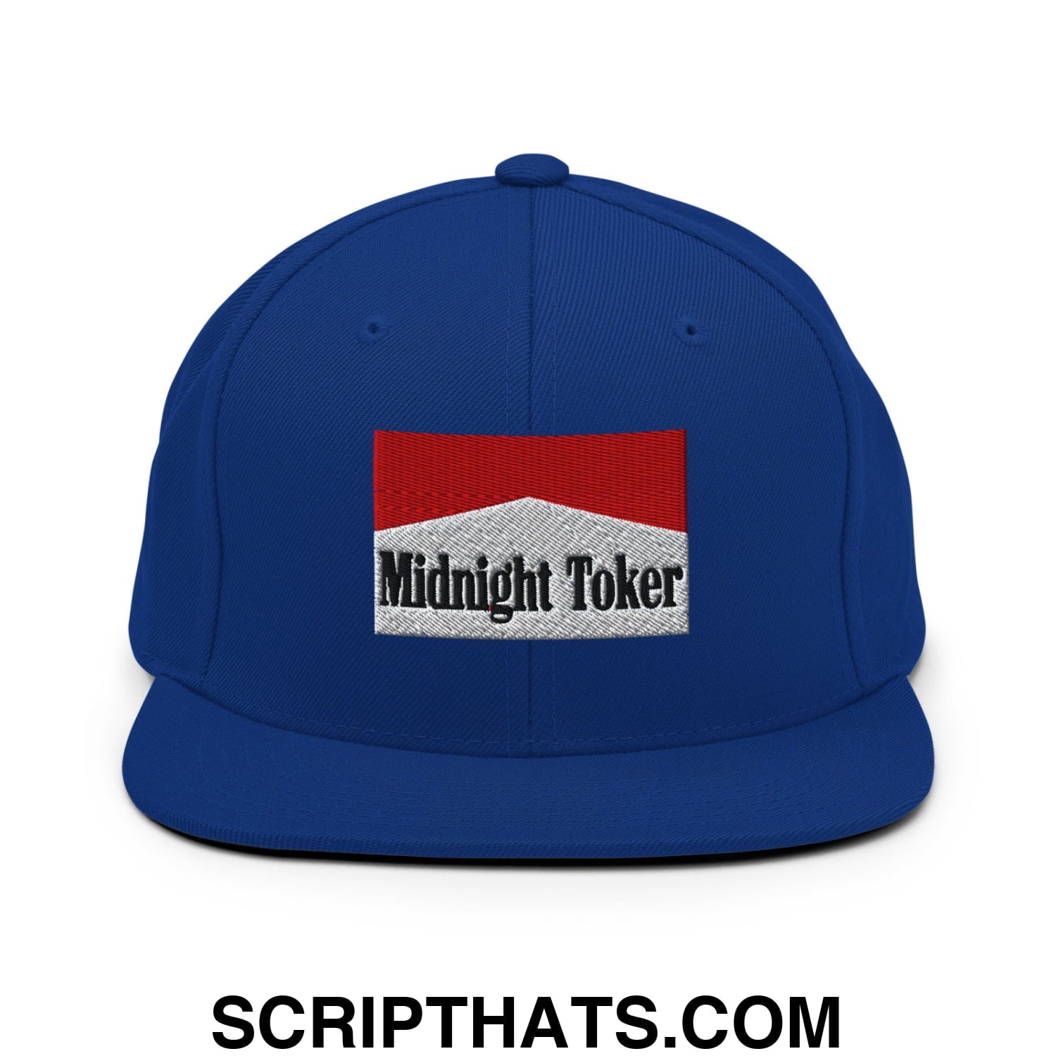 Midnight Toker Cigarette Red Embroidered Flat Bill Brim Snapback Hat Royal Blue