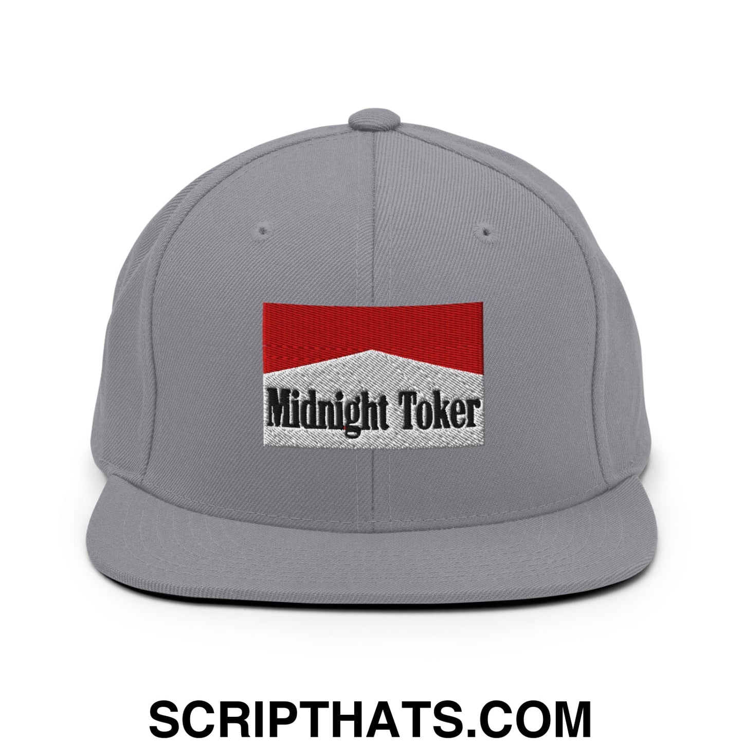 Midnight Toker Cigarette Red Embroidered Flat Bill Brim Snapback Hat Silver
