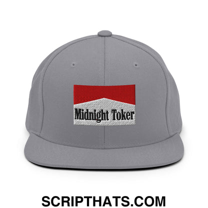 Midnight Toker Cigarette Red Embroidered Flat Bill Brim Snapback Hat Silver
