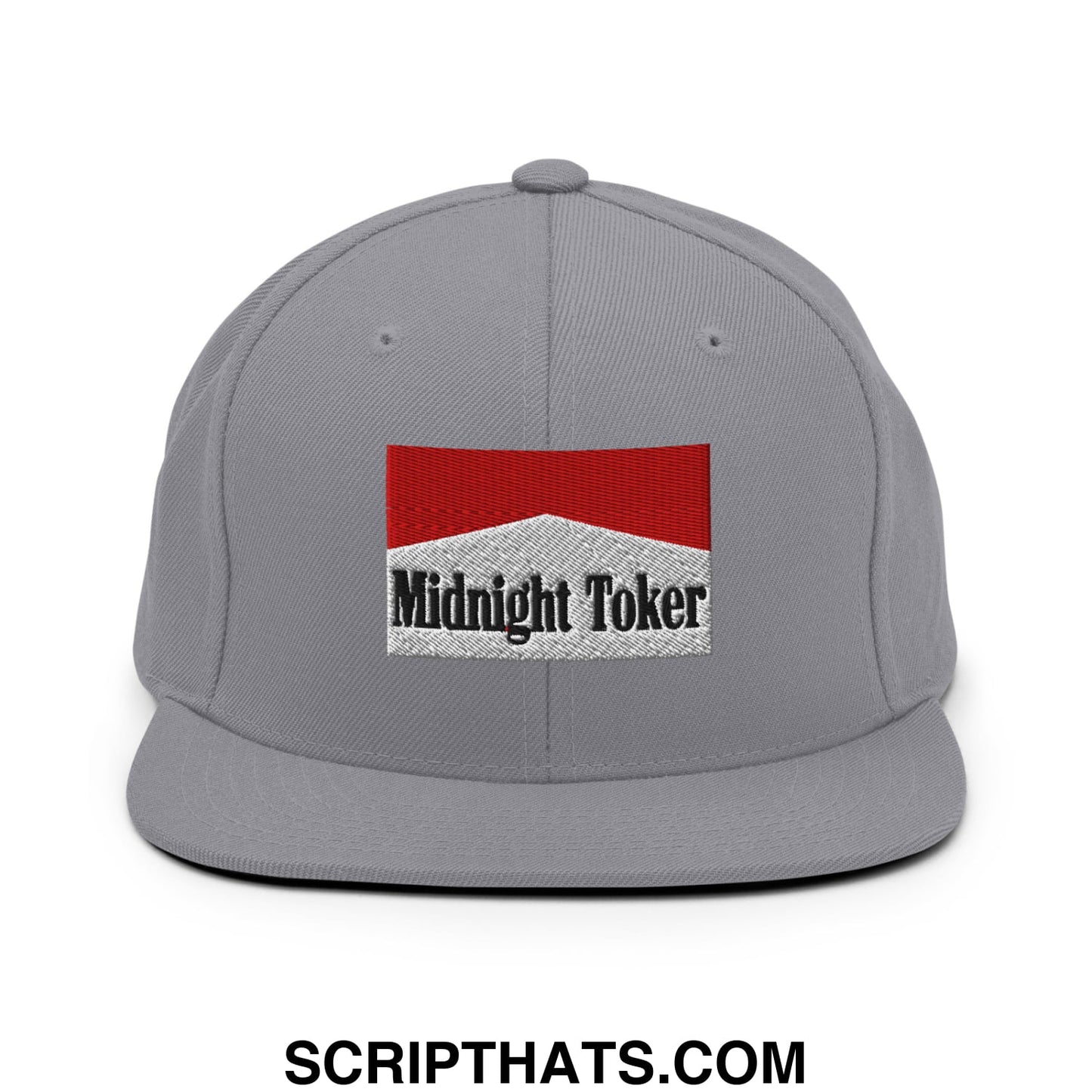 Midnight Toker Cigarette Red Embroidered Flat Bill Brim Snapback Hat Silver