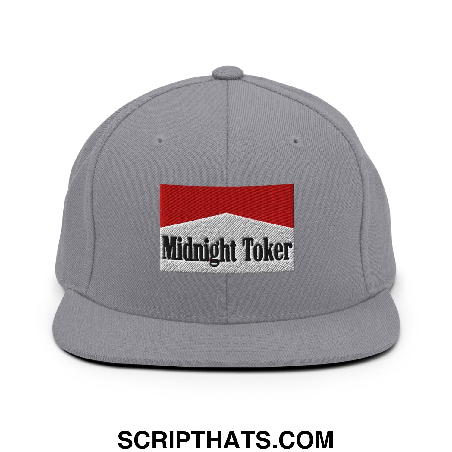 Midnight Toker Cigarette Red Embroidered Flat Bill Brim Snapback Hat Silver