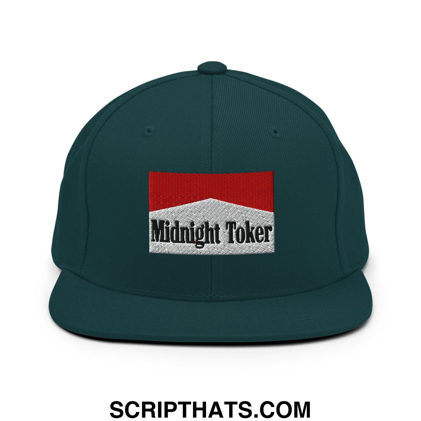 Midnight Toker Cigarette Red Embroidered Flat Bill Brim Snapback Hat Spruce