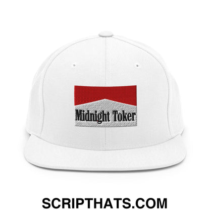 Midnight Toker Cigarette Red Embroidered Flat Bill Brim Snapback Hat White