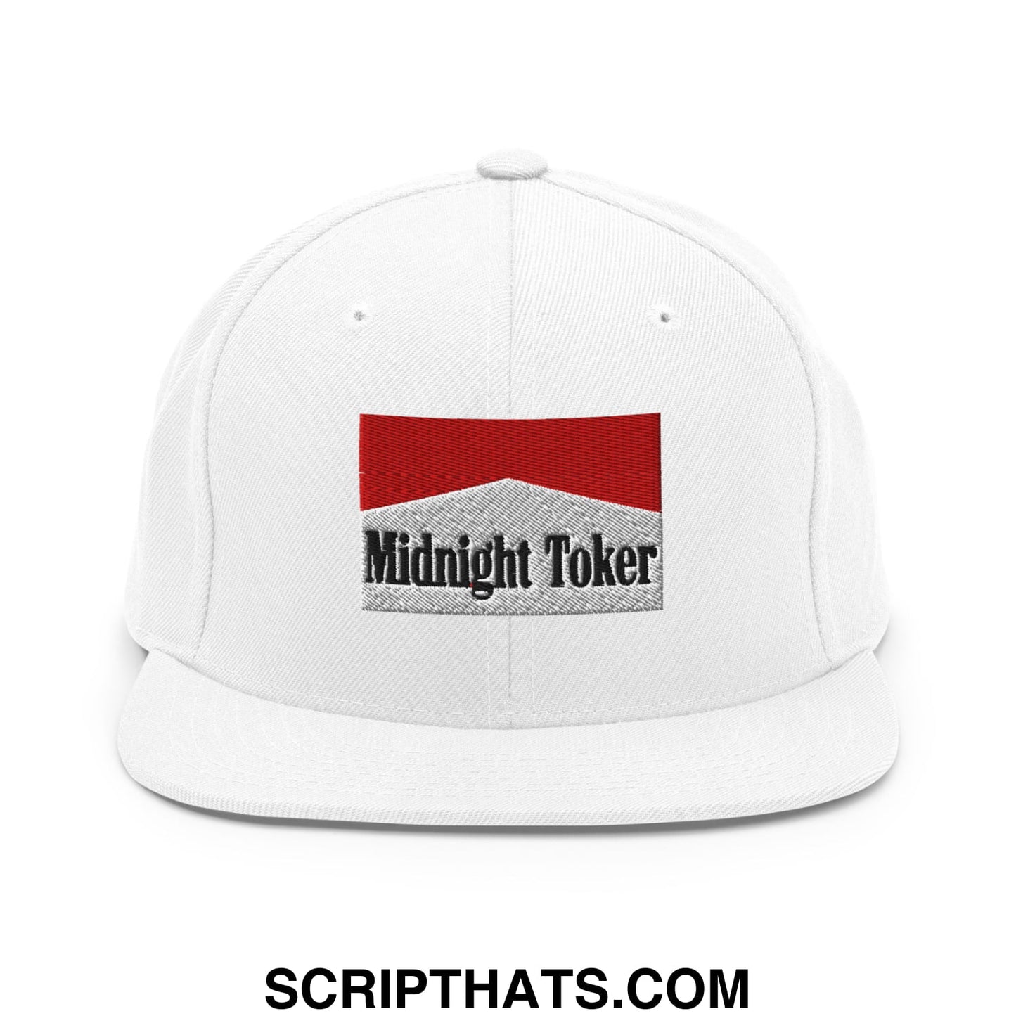 Midnight Toker Cigarette Red Embroidered Flat Bill Brim Snapback Hat White