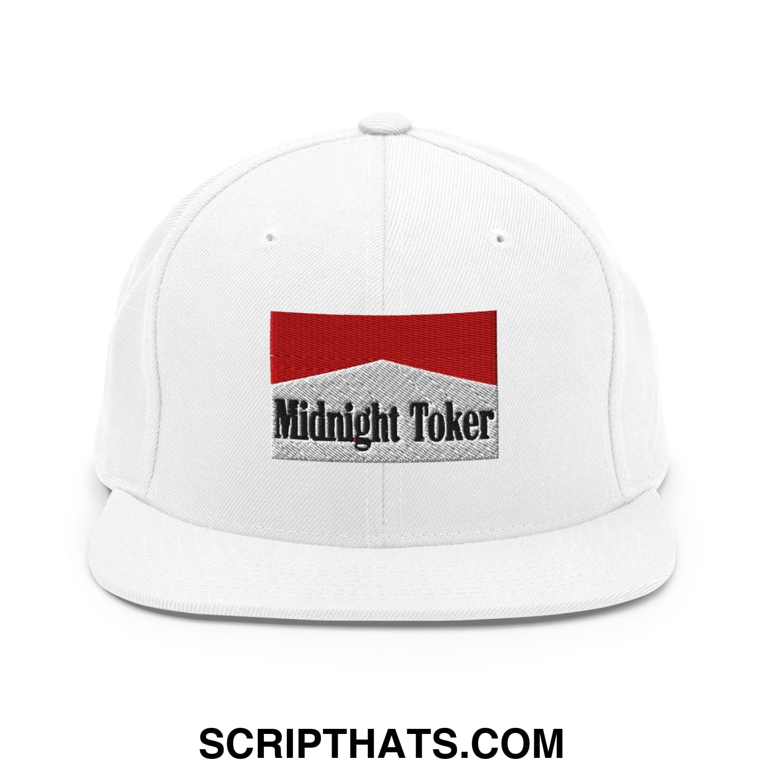 Midnight Toker Cigarette Red Embroidered Flat Bill Brim Snapback Hat White