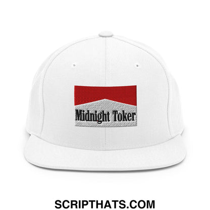 Midnight Toker Cigarette Red Embroidered Flat Bill Brim Snapback Hat White