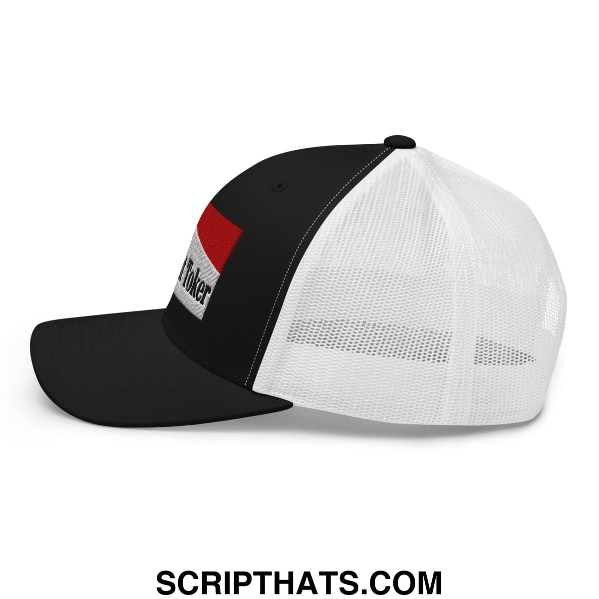 Black and white mesh trucker hat with red and gray poker patch embroidered in black from Midnight Toker Cigarette line