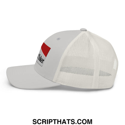 White mesh trucker hat with red and black embroidered Midnight Toker Cigarette patch on the side
