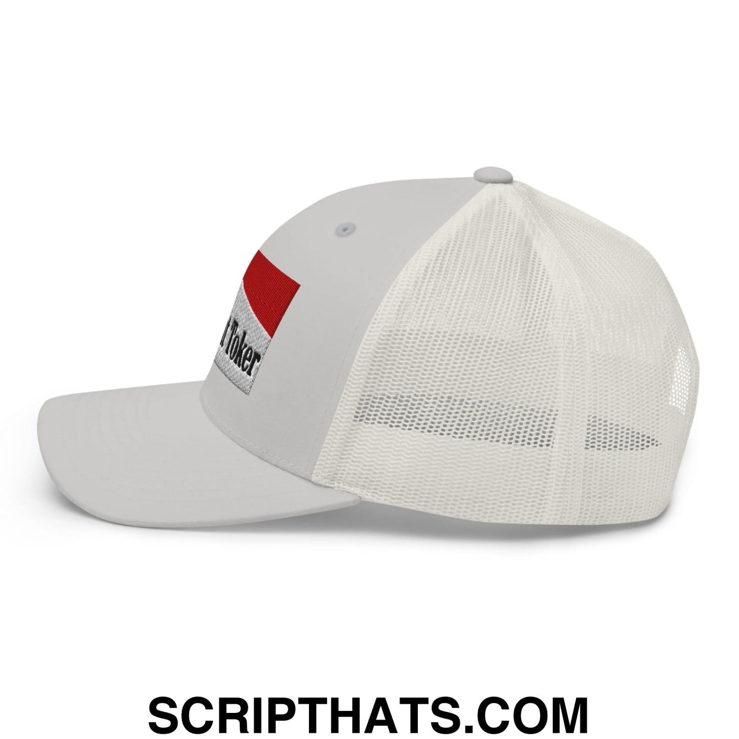 Midnight Toker Cigarette Red Embroidered Mesh Trucker Hat Silver