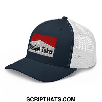 Navy blue and white mesh trucker hat with a red and gray embroidered midnight toker patch front design