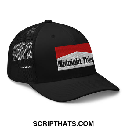 Black mesh trucker hat with red and white embroidered patch reading midnight toker in cigarette style