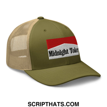 Olive green and tan mesh trucker hat with red white and black embroidered midnight toker logo patch