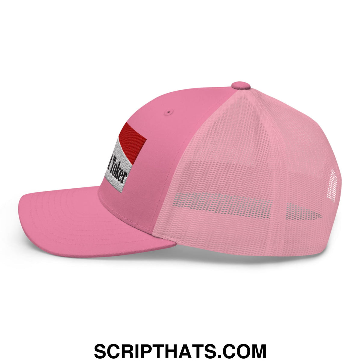 Pink mesh trucker hat with red and white embroidered patch reading im a poker titled Midnight Toker Cigarette Red