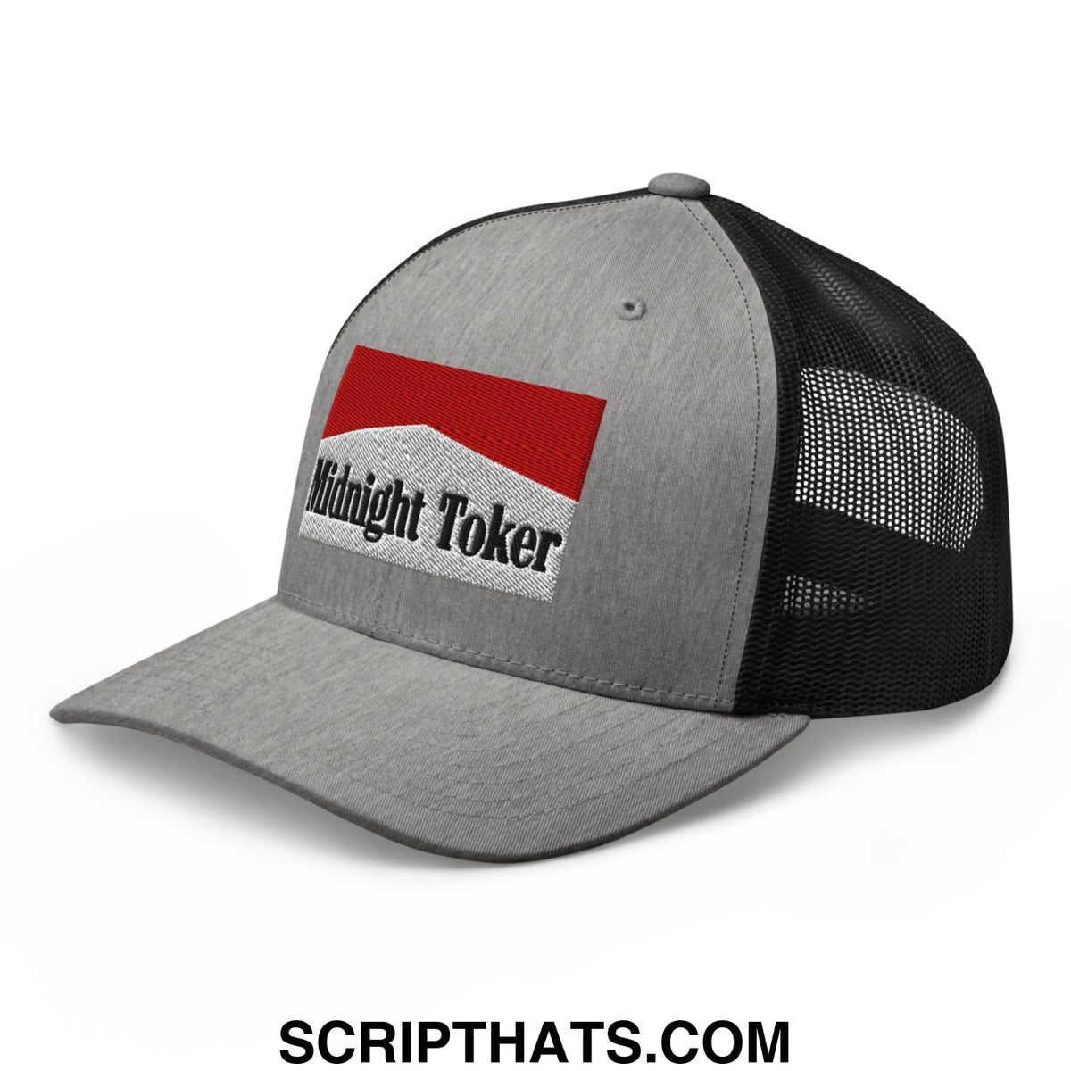 Gray and black mesh trucker hat with a red and white embroidered midnight toker patch in cigarette style design