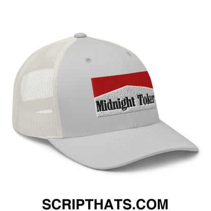 Midnight Toker Cigarette Red Embroidered Mesh Trucker Hat Silver