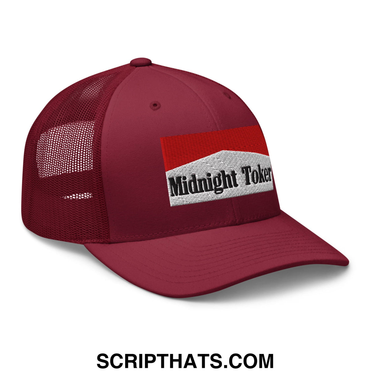 Maroon mesh trucker hat with a red and white embroidered midnight toker patch on the front panel