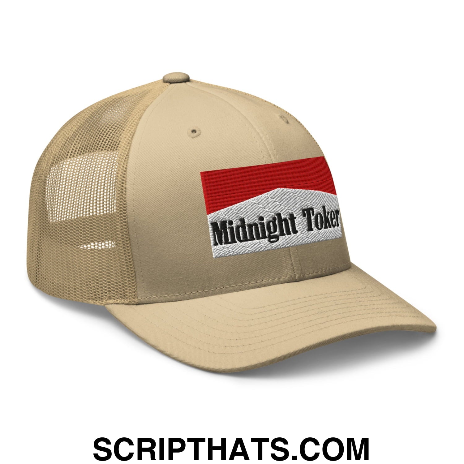 Midnight Toker Cigarette Red Embroidered Mesh Trucker Hat Khaki