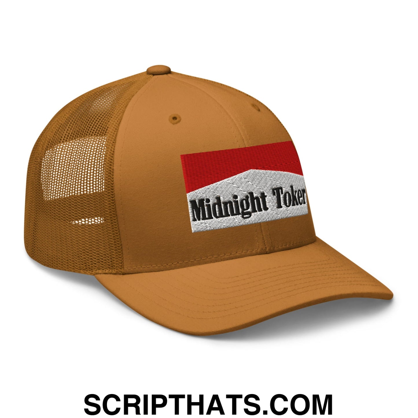 Midnight Toker Cigarette Red Embroidered Mesh Trucker Hat Caramel