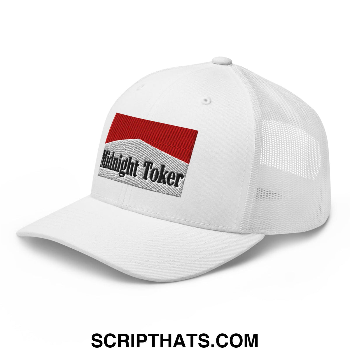 White mesh trucker hat with red and gray embroidered patch featuring midnight toker text in cigarette style