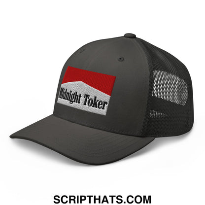 Dark gray mesh trucker hat with red and white embroidered midnight toker patch for casual wear