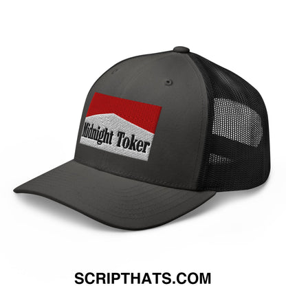 Dark gray mesh trucker hat with red and white embroidered midnight toker patch for casual wear