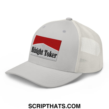 White mesh trucker hat with a red and gray embroidered midnight toker patch perfect for casual wear