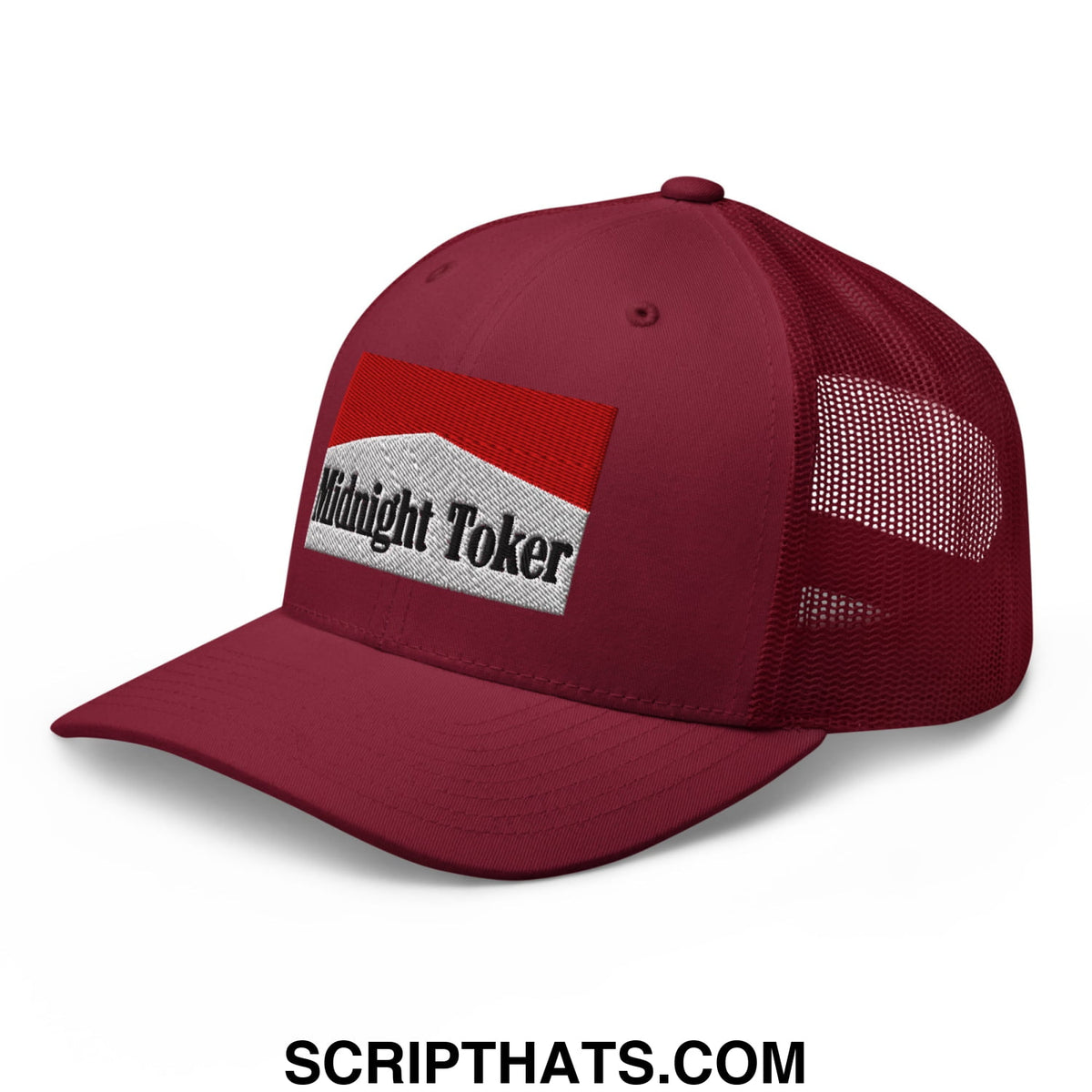 Maroon mesh trucker hat with red and white embroidered midnight toker patch front for casual wear
