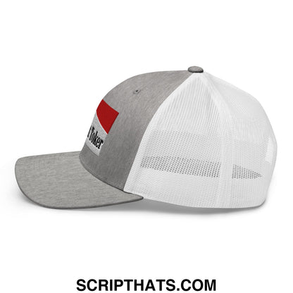 Gray and white mesh trucker hat with red embroidered poker patch titled midnight toker cigarette hat