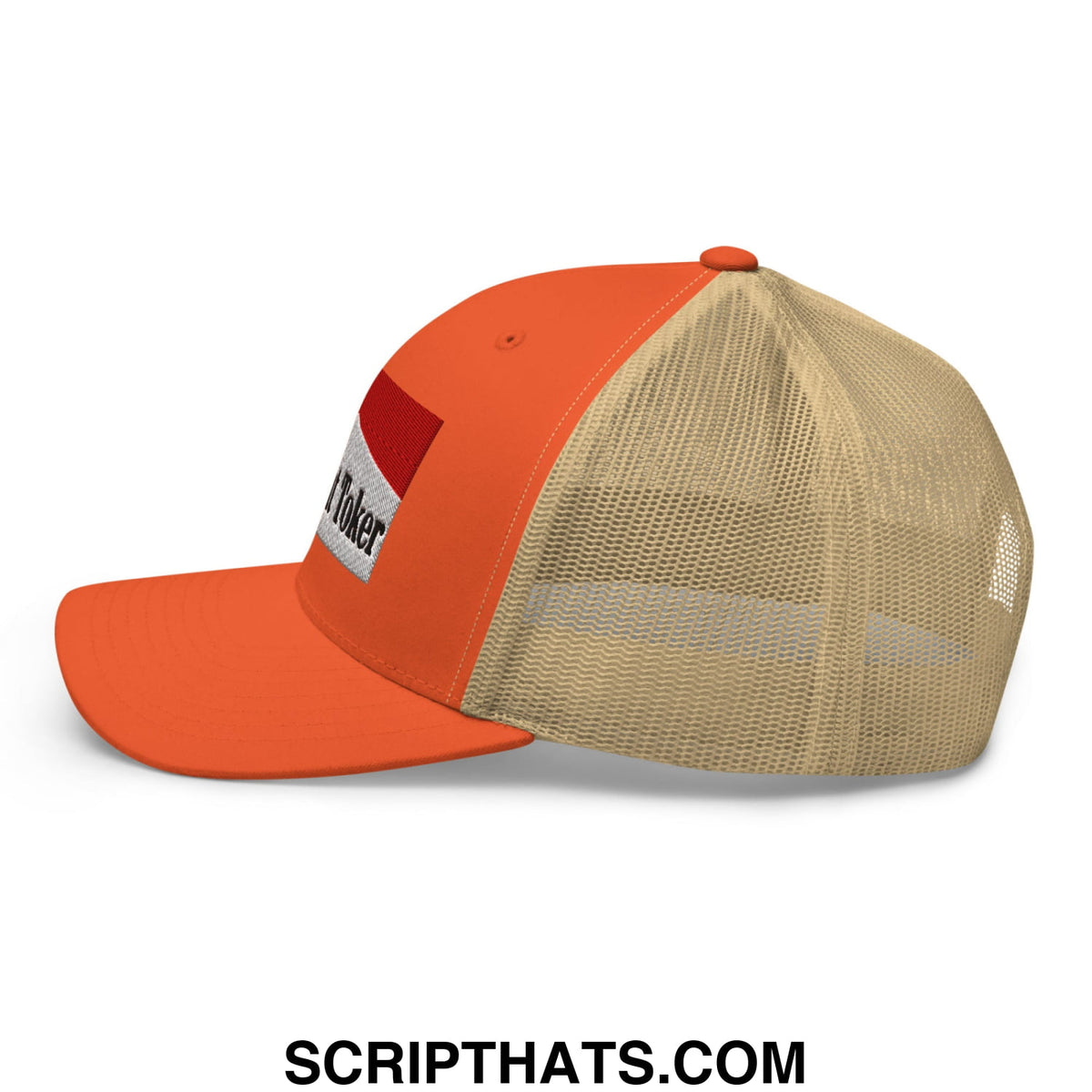 Bright orange mesh trucker hat with beige back and red white i poker patch midnight toker cigarette design