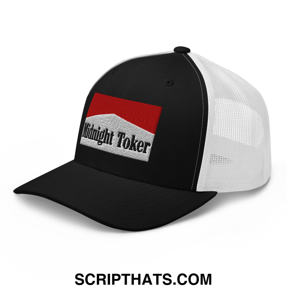 Black and white mesh trucker hat with red and gray embroidered patch featuring midnight toker text