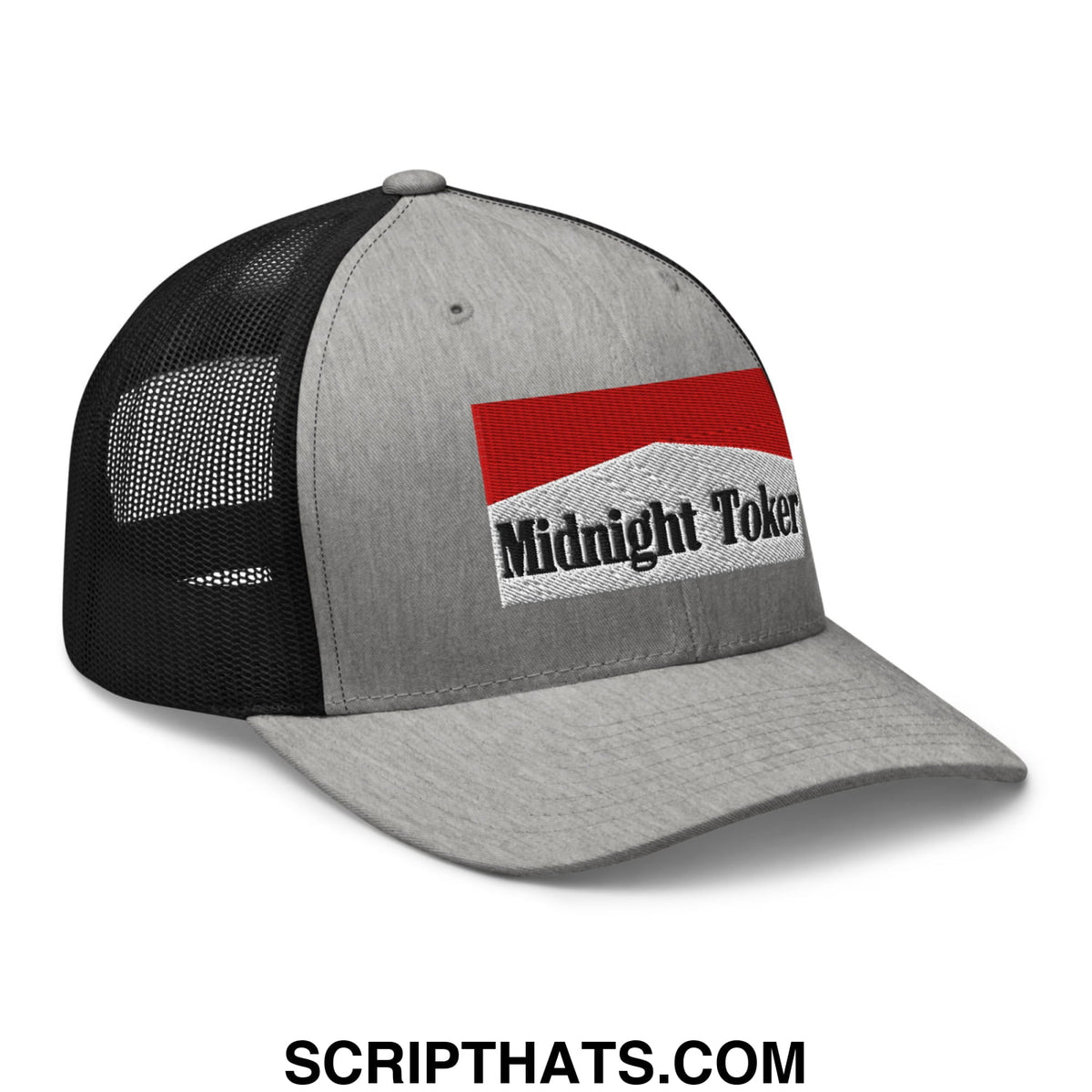 Gray and black mesh trucker hat with red and white embroidered midnight toker patch on the front panel