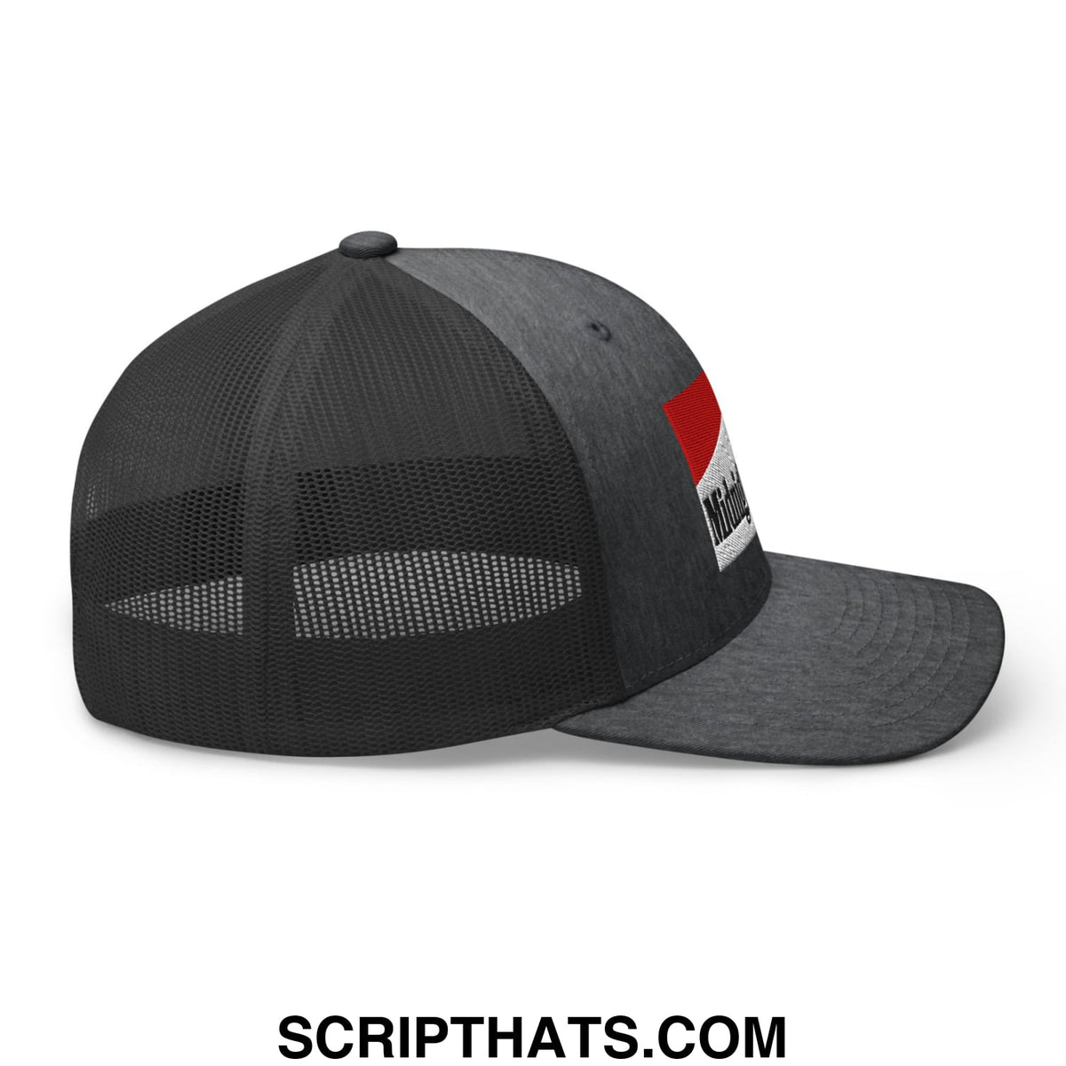 Black mesh trucker hat with red and white midnight toker cigarette embroidered logo patch on the side