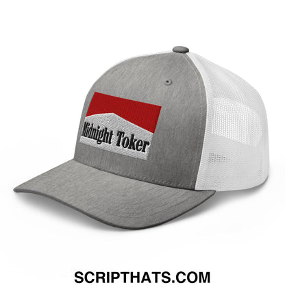 Gray and white mesh trucker hat with red and black midnight toker embroidered logo on the front panel