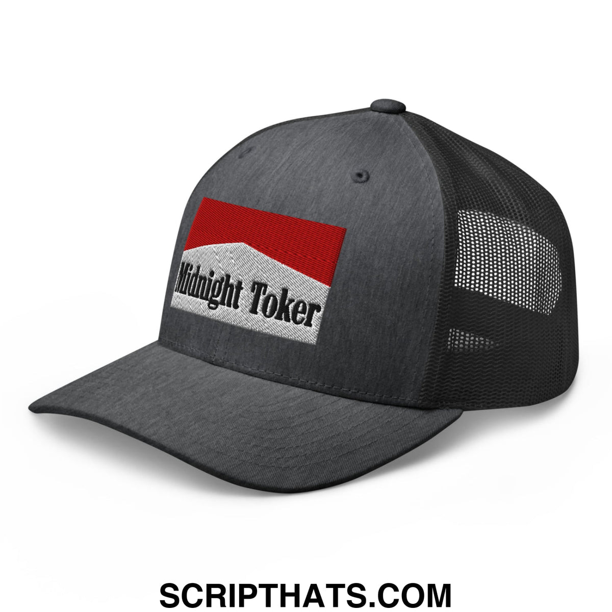 Dark gray mesh trucker hat with red and white embroidered midnight toker patch for casual wear