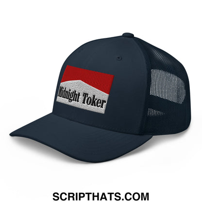 Dark navy mesh trucker hat with red and white embroidered patch featuring midnight toker text