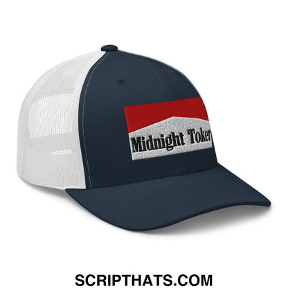Navy blue and white mesh trucker hat with a red and gray embroidered midnight toker patch