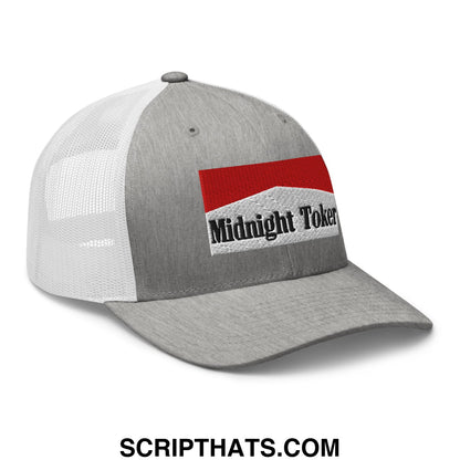 Gray and white mesh trucker hat with red and black embroidered midnight toker logo on front for casual wear