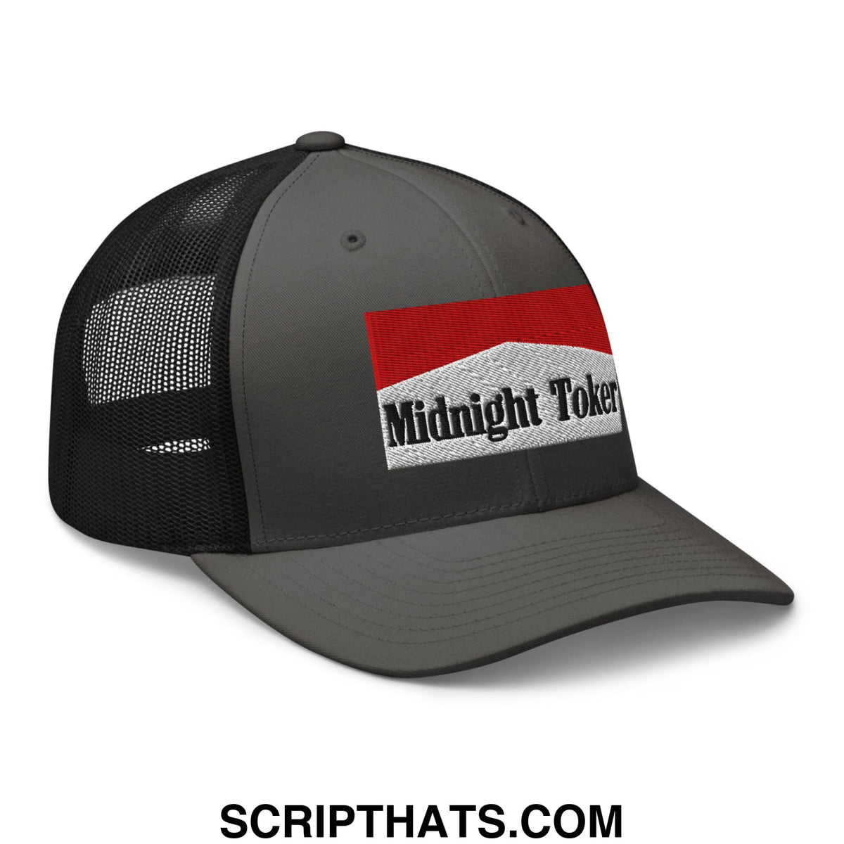 Dark gray trucker hat with black mesh back and midnight toker logo embroidered on red and silver patch