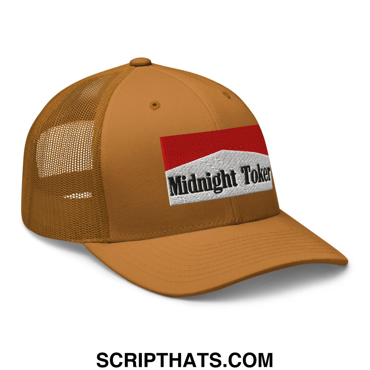 Tan mesh trucker hat with a red and white embroidered midnight toker patch in the Midnight Toker Cigarette style
