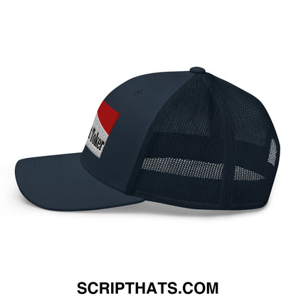 Dark navy mesh trucker hat with red and white poker embroidered patch on the side titled Midnight Toker Cigarette Red