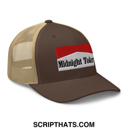 Brown and tan mesh trucker hat with red white and black embroidered midnight toker logo on the front