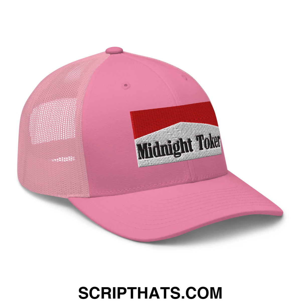 Pink mesh trucker hat with red and white embroidered patch reading midnight toker by midnight toker
