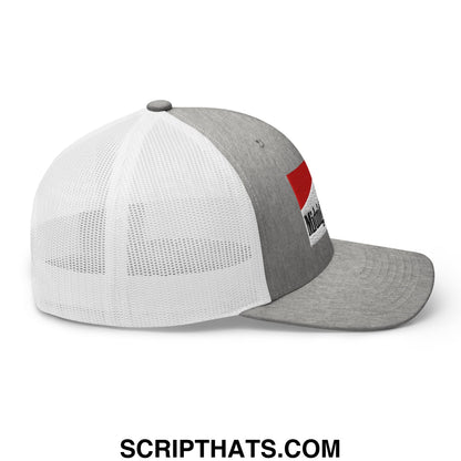 Gray and white mesh trucker hat with red rectangular patch featuring black text in midnight toker cigarette design