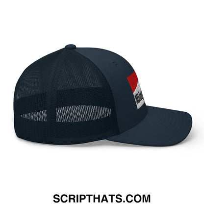 Dark navy mesh trucker hat with red and white embroidered logo patch on the side midnight toker cigarette design