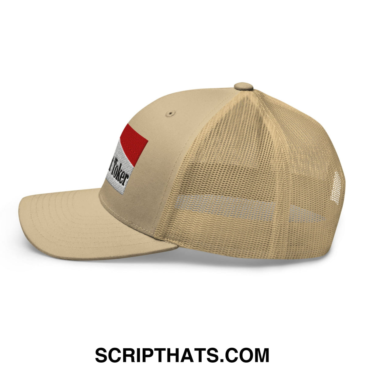Beige mesh trucker hat with red and white patch embroidered with the word toker in black for casual wear